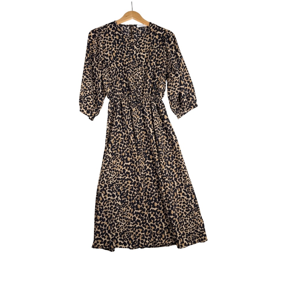 Lake‎ Flower Smocked Half Sleeve Animal Leopard Print Maxi Dress size Medium Tan